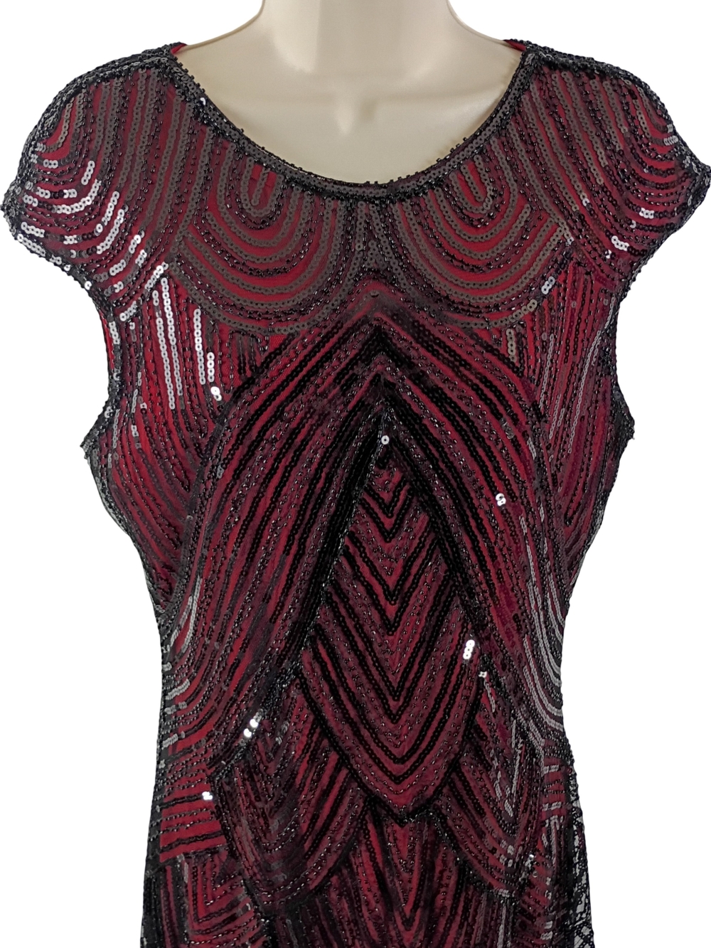 Flapper Beaded Red Fringe Midi Dress with Black Accents - Picture 3 of 8